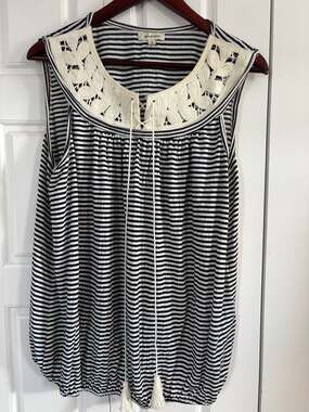 Max Studio Black and White Striped Tank Top with Crochet Lace Neckline